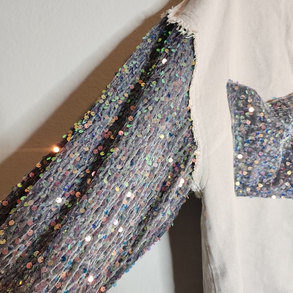 NWT HIMYTHE Beige Oversized Twill Denim Sequin Shacket Sparkle Large - Picture 12 of 17